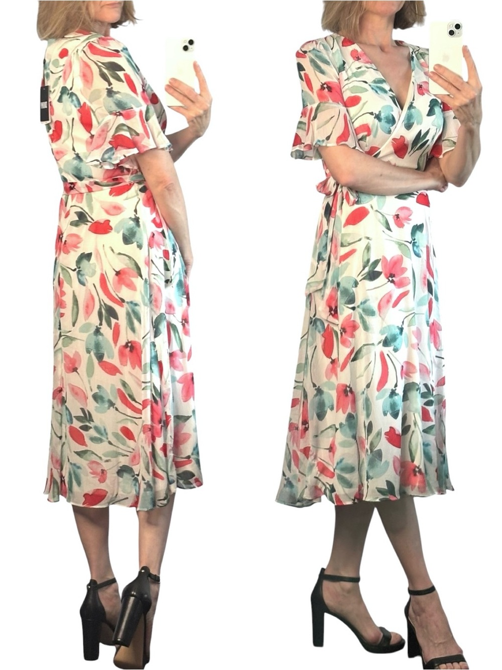 DKNY NWT Floral Wrap Midi Dress w Pink & Teal Blooms elbow flutter‎ sleeve US 6